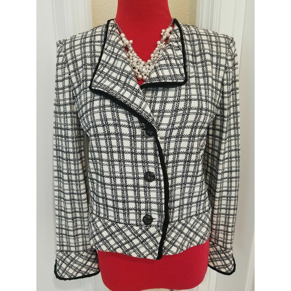 St. John Knit Jacket Sz 4, Black + White Embroidered Neck & Cuff